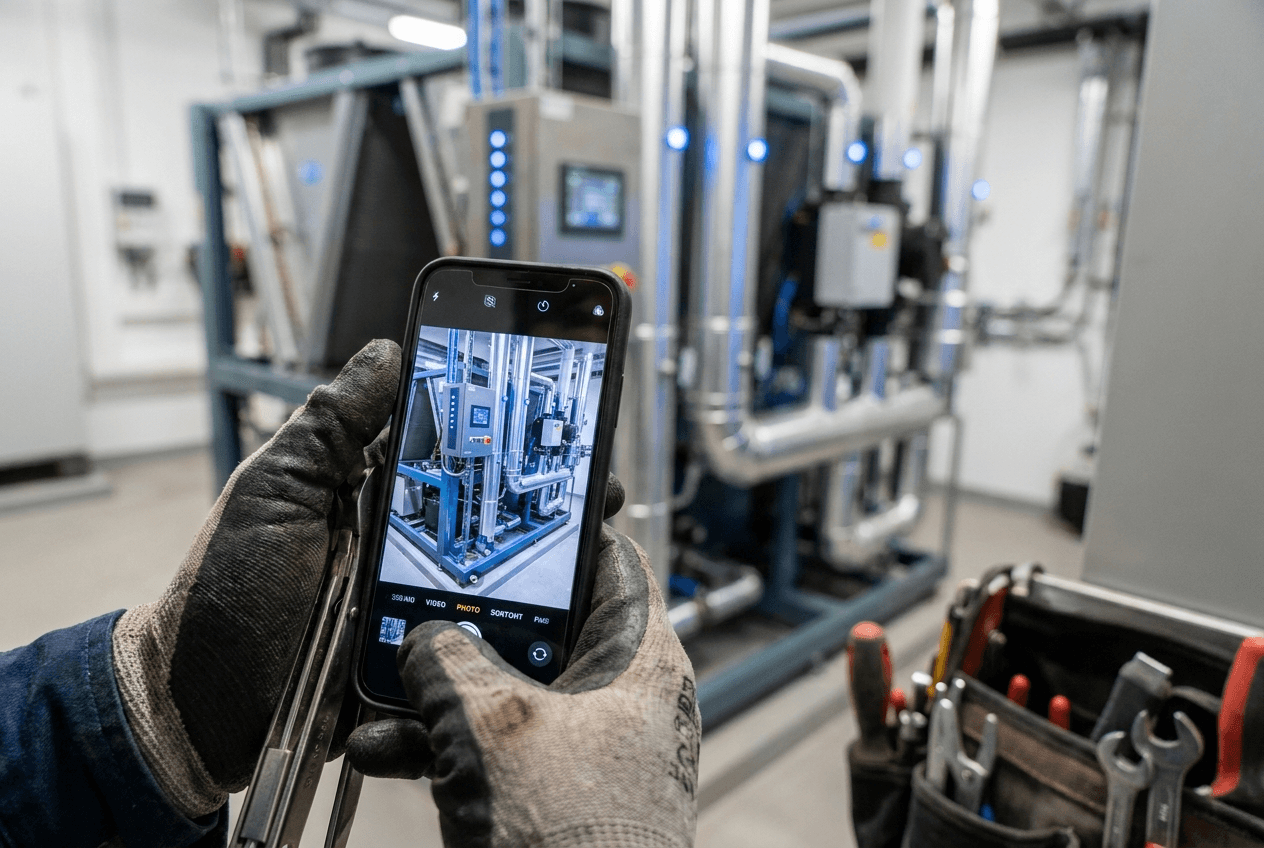 Field technician documenting equipment with a smartphone
