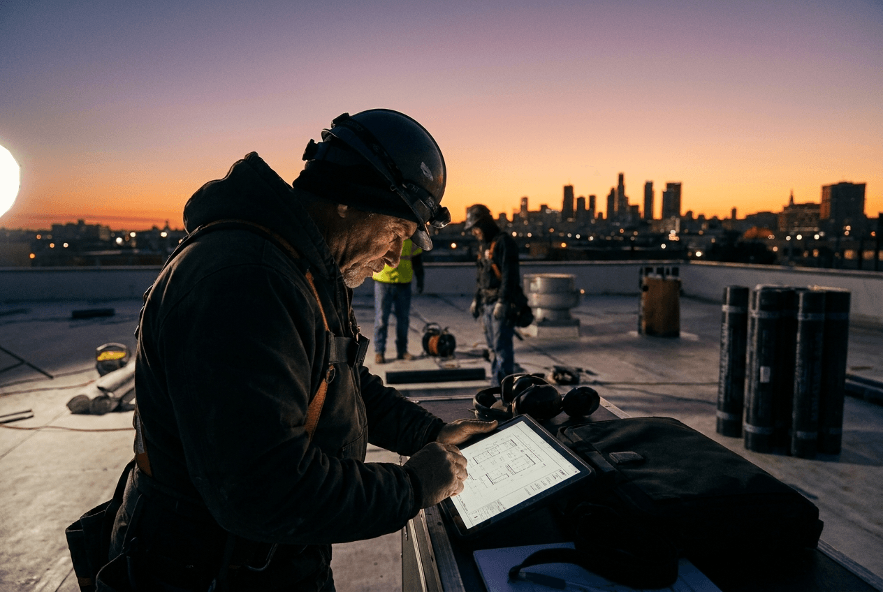 Roofer reviewing plans on a tablet at sunset